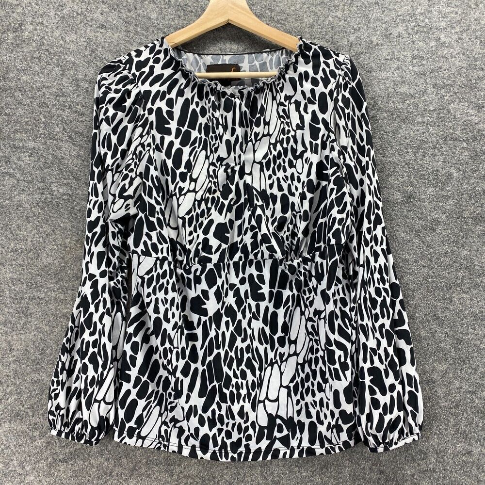 Ashley Stewart Blouse Women 12 Black Geometric Long Sleeve Crew Neck Casual